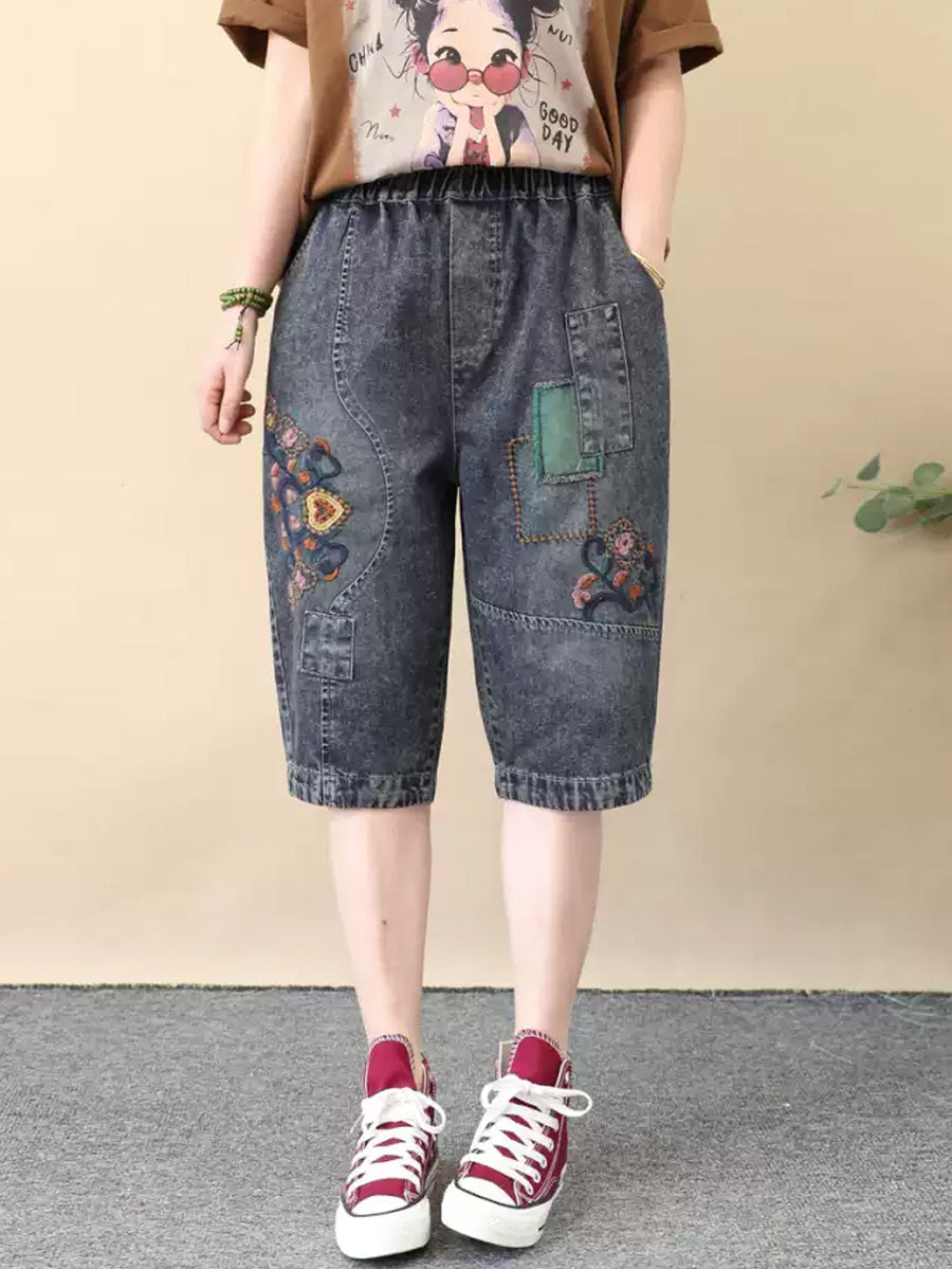 Women Retro Flower Embroidery Denim Fifth Pants