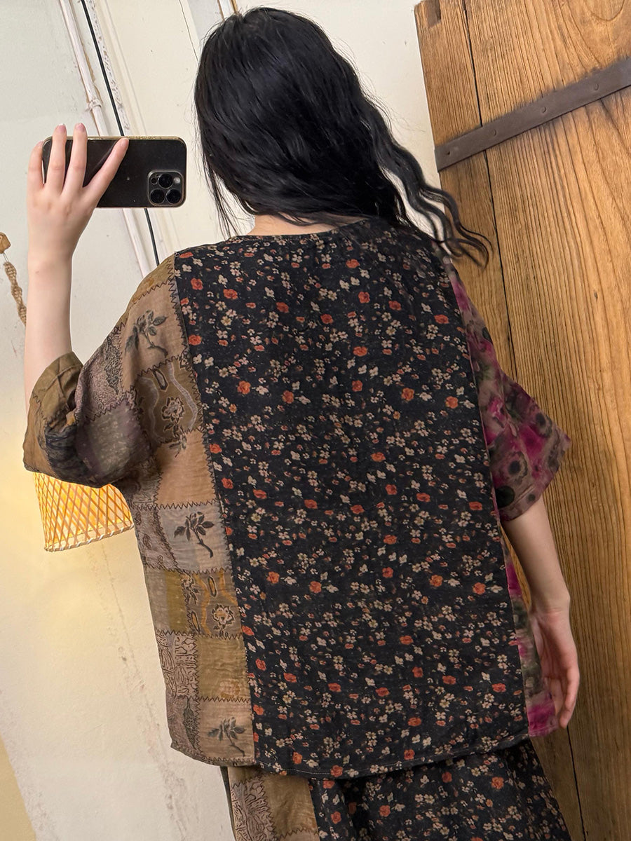 Women Summer Artsy Flower Spliced O-Neck Cotton Blouse