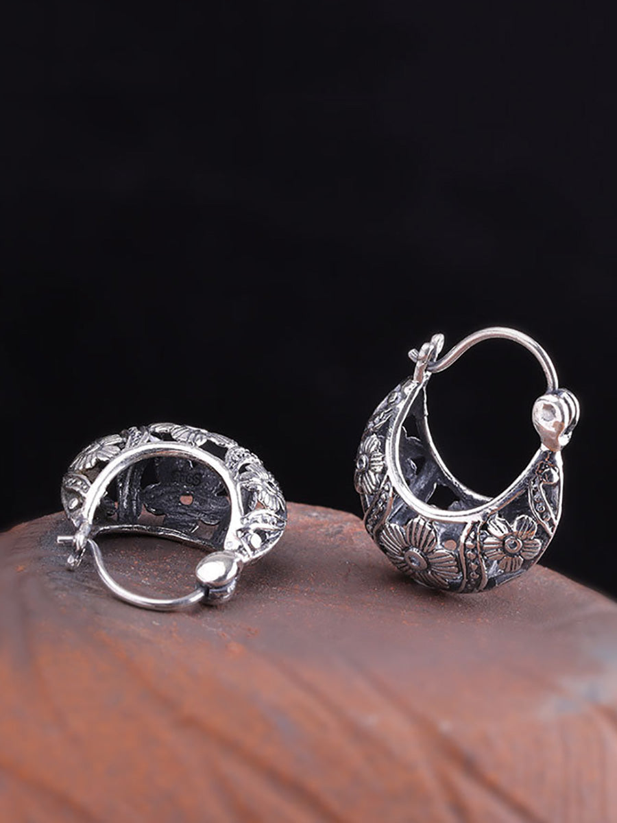 Women Vintage S925Silver Hollow Out Flower Earrings