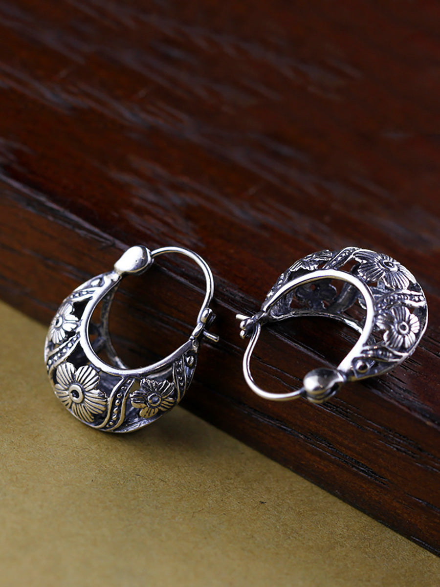 Women Vintage S925Silver Hollow Out Flower Earrings