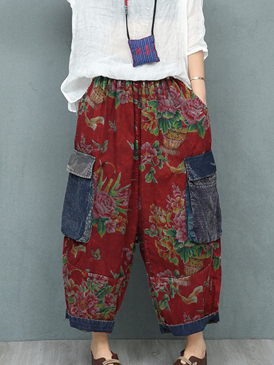 Plus Size Women Summer Retro Flower Patchwork Harem Pants