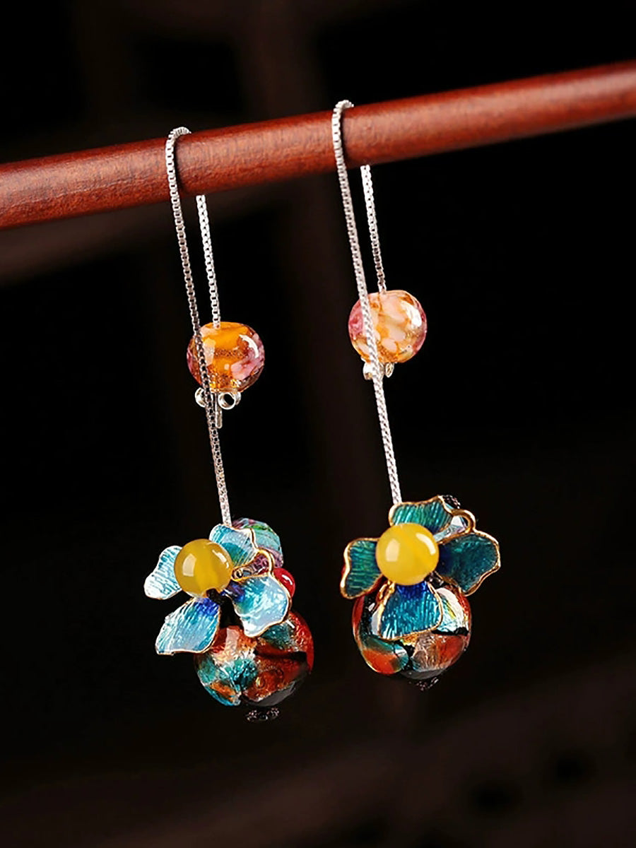 Women Vintage Glaze Cloisonne Flower S925Sliver Earrings