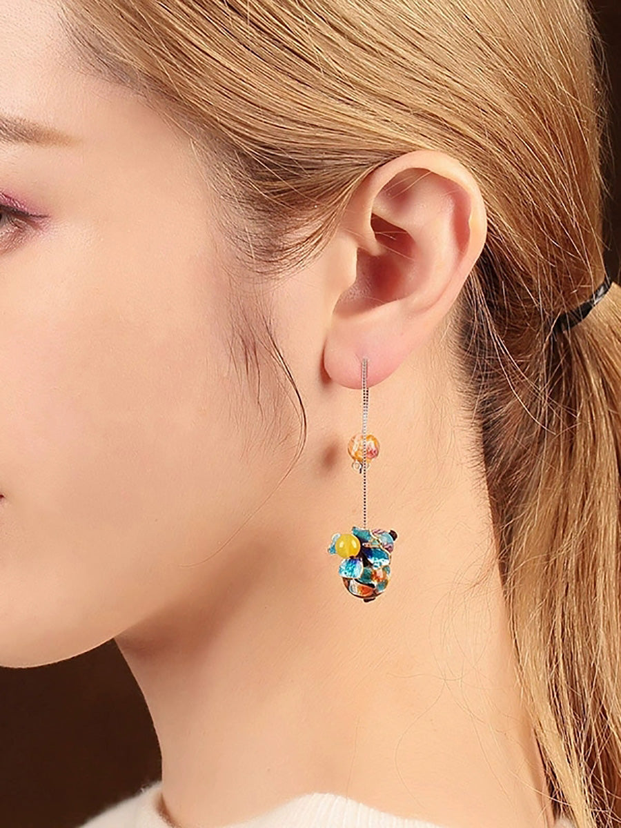 Women Vintage Glaze Cloisonne Flower S925Sliver Earrings