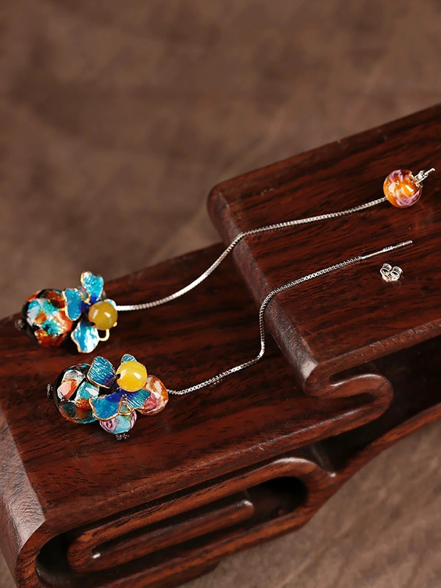 Women Vintage Glaze Cloisonne Flower S925Sliver Earrings