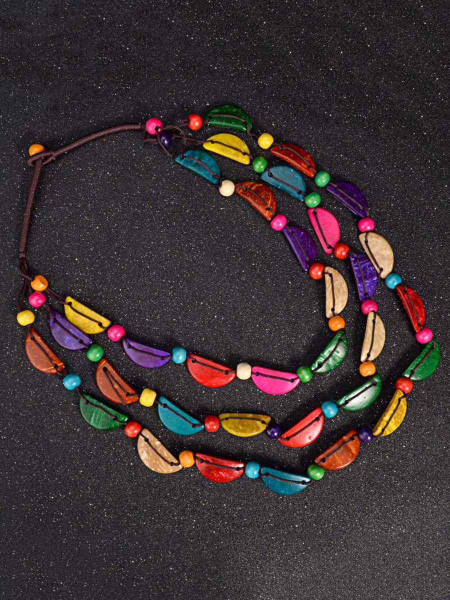 Women Ethnic Colorful Coconut Shell Three Layer Necklace