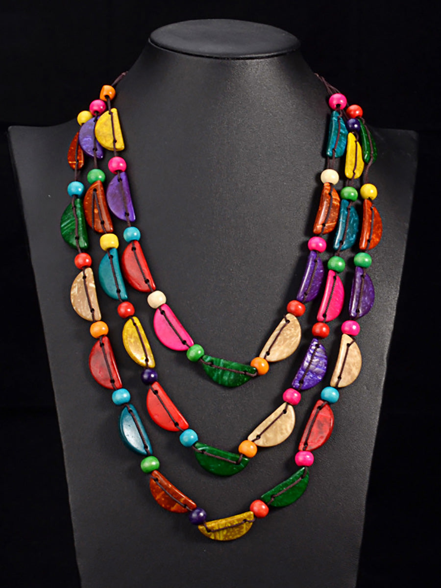 Women Ethnic Colorful Coconut Shell Three Layer Necklace