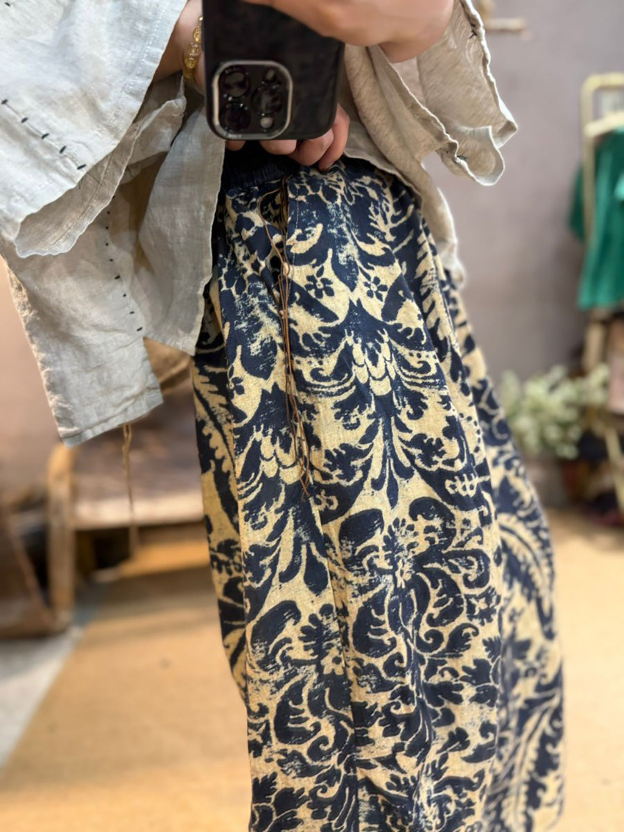 Plus Size Women Summer Retro Flower Linen Wide-leg Pants