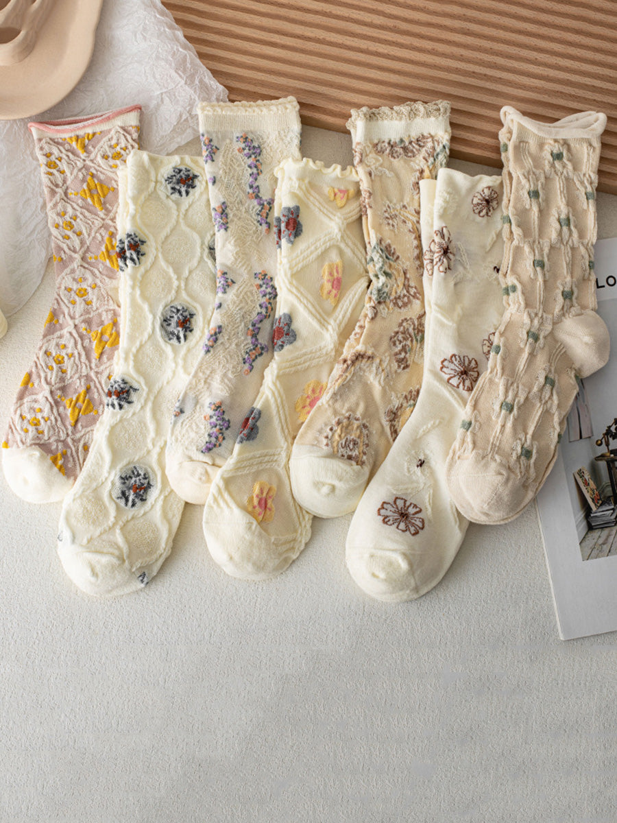 7 Pairs Women Artsy Flower Jacquard Socks