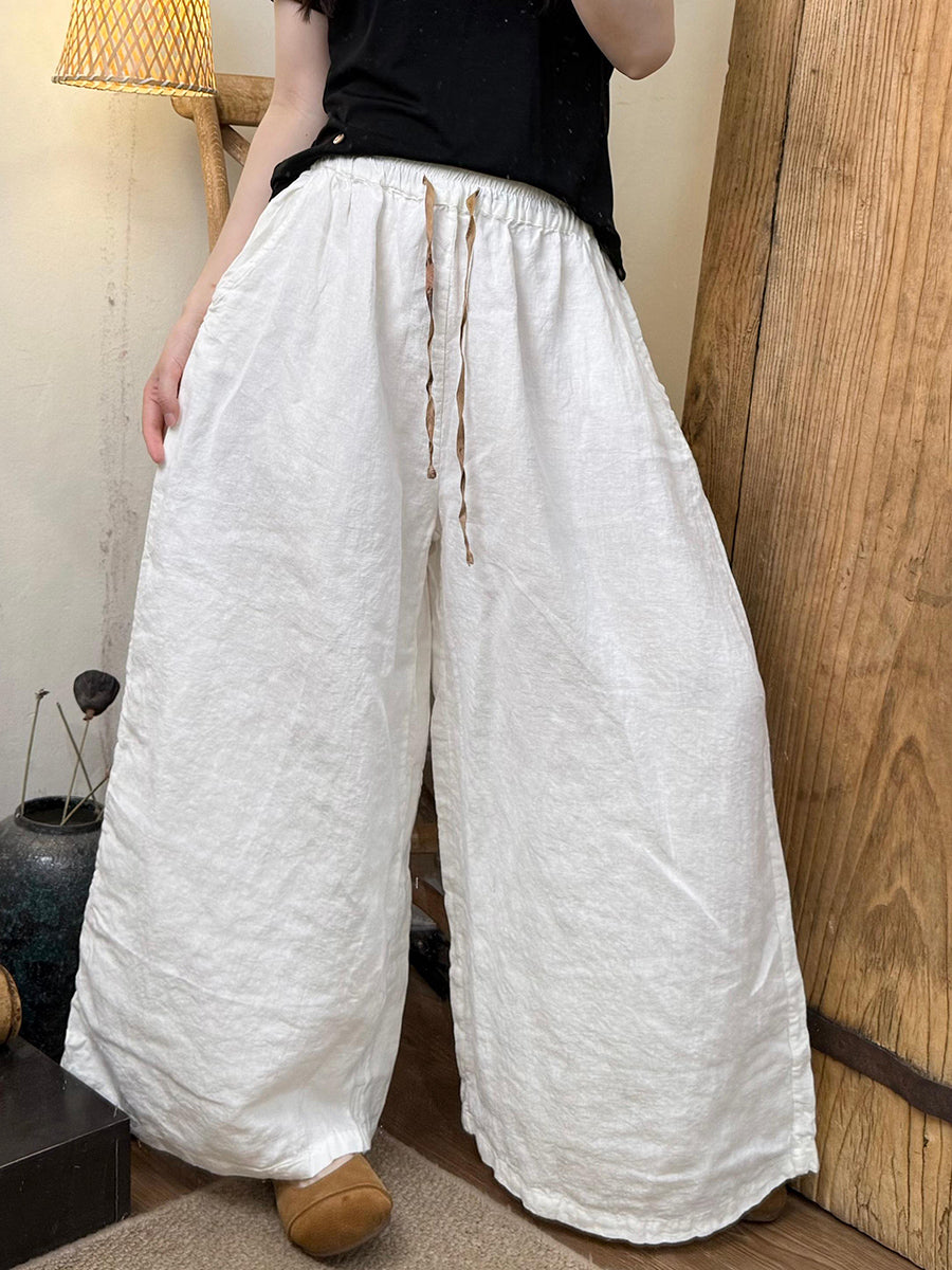 Plus Size Women Summer Casual Pure Color Linen Wide-leg Pants