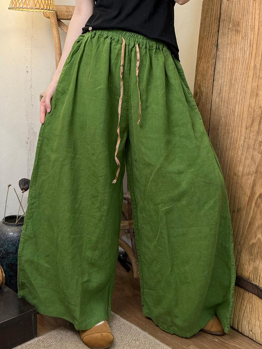 Plus Size Women Summer Casual Pure Color Linen Wide-leg Pants