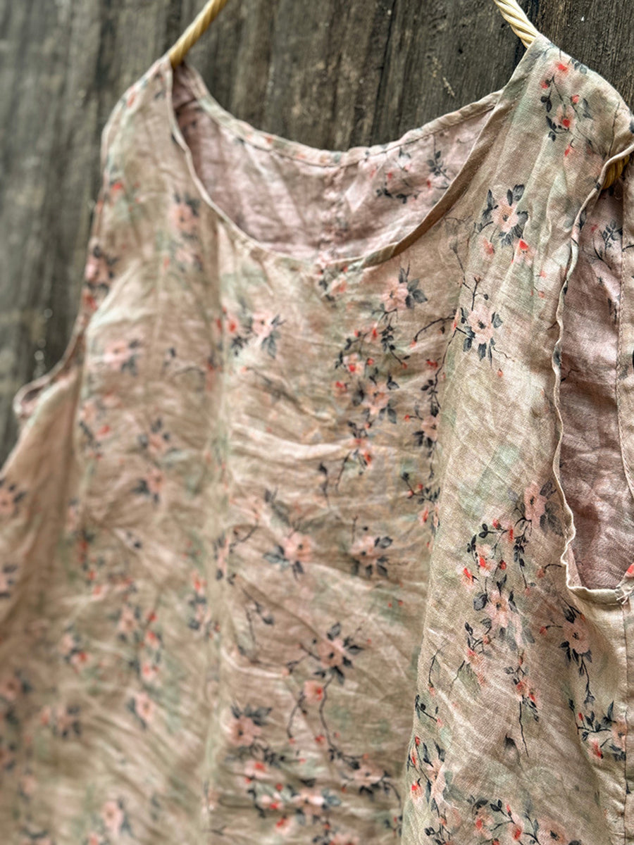 Women Summer Vintage Floral O-Neck Ramie Vest