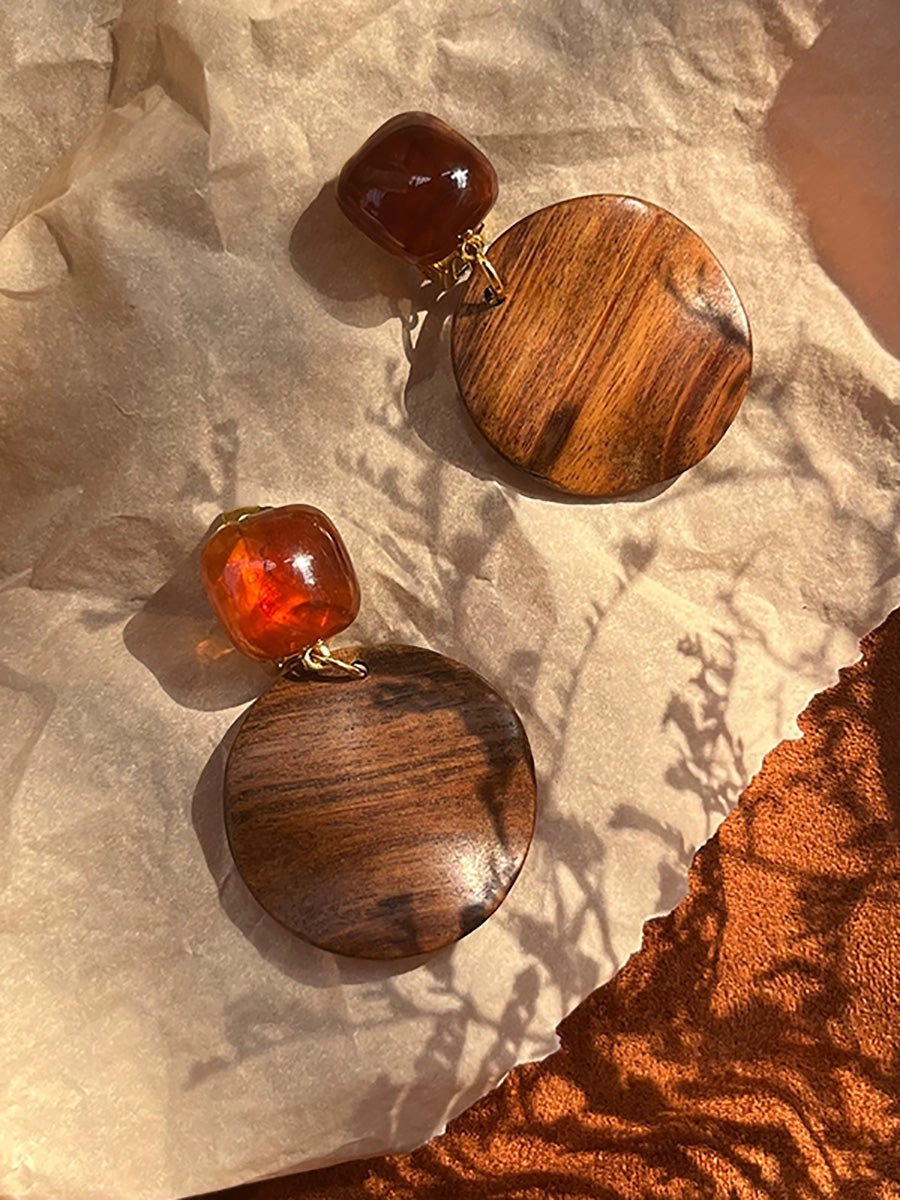 Women Ethnic Wooden Geometric Resin Earrings