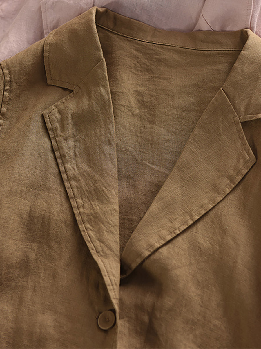 Plus Size Women Summer Artsy Pure Color 100%Linen Shirt Coat