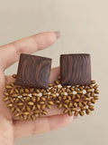 Women Vintage Square Wooden Bead Flower Earrings