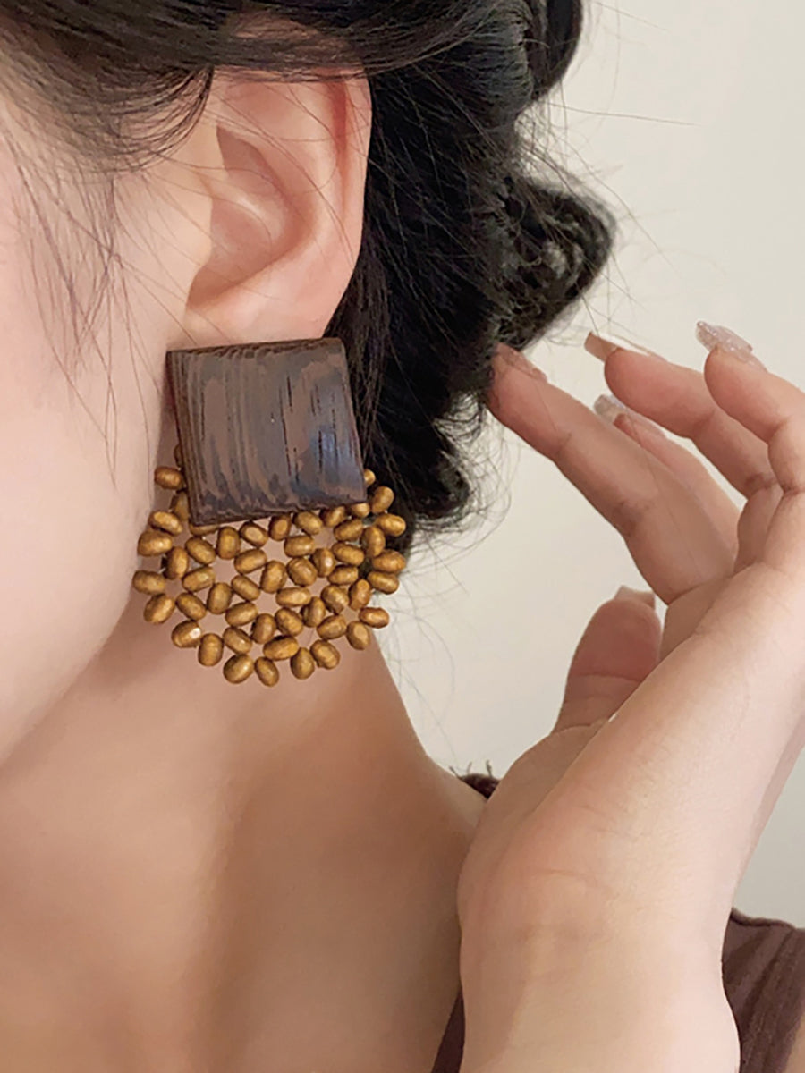 Women Vintage Square Wooden Bead Flower Earrings