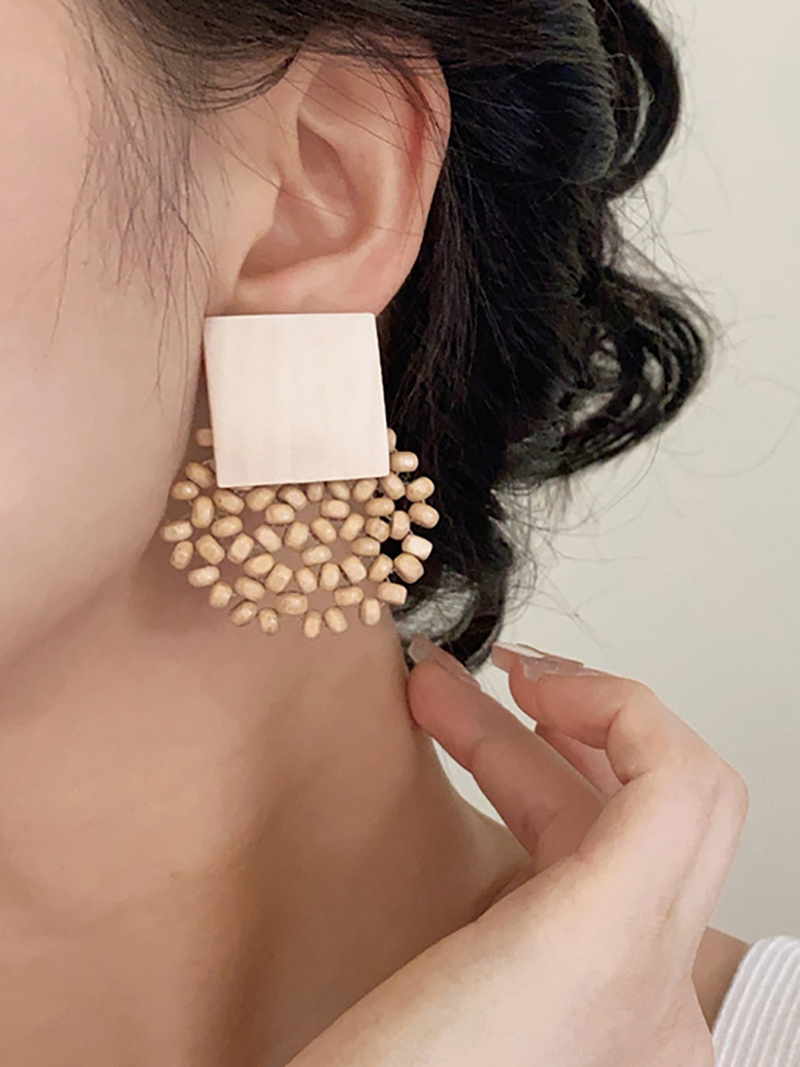 Women Vintage Square Wooden Bead Flower Earrings