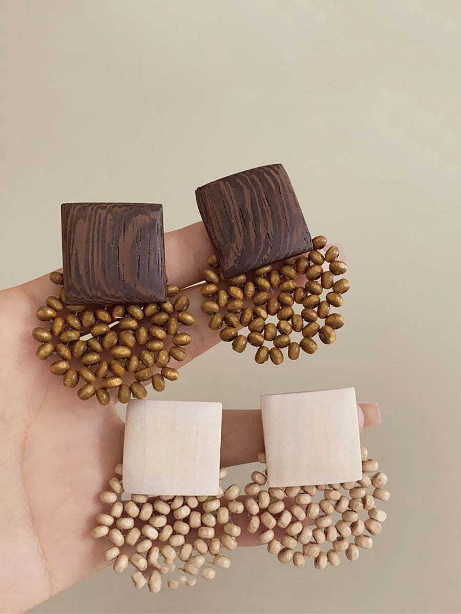 Women Vintage Square Wooden Bead Flower Earrings