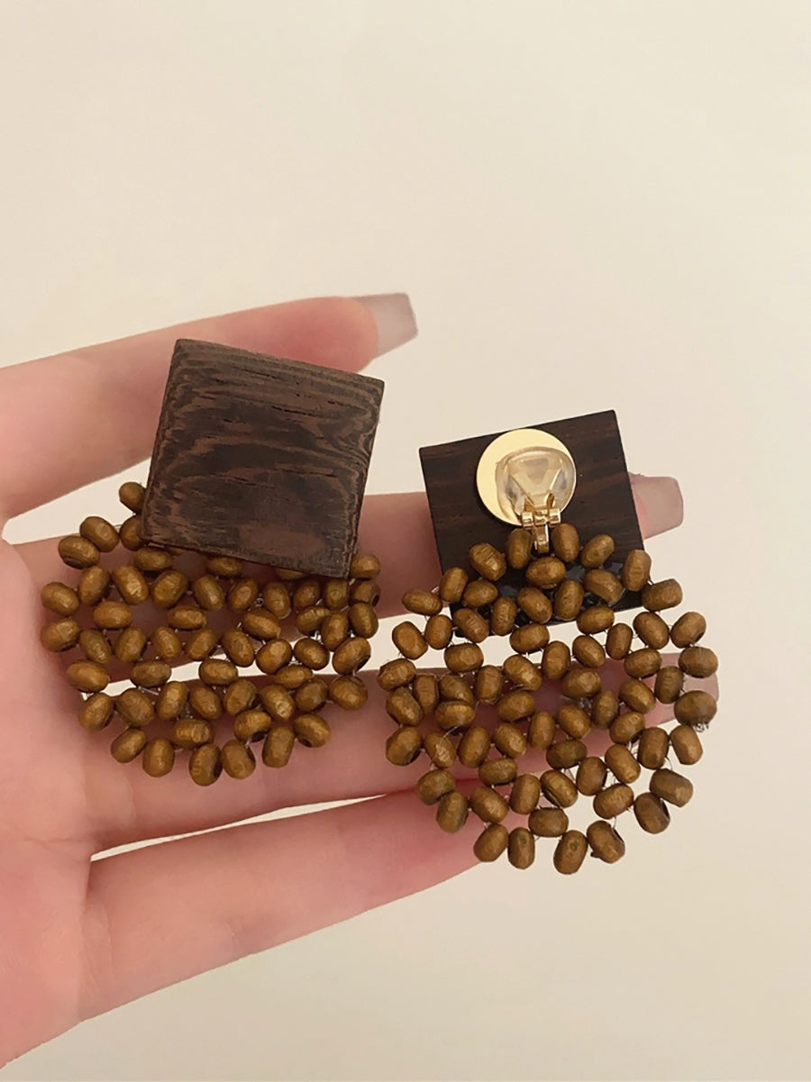 Women Vintage Square Wooden Bead Flower Earrings