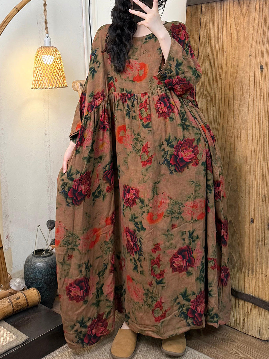 Plus Size Women Summer Artsy Flower O-Neck Cotton Dress