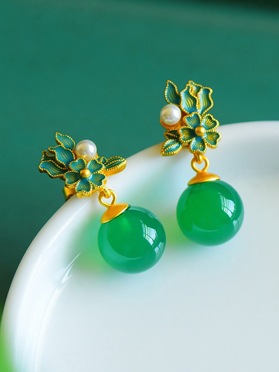 Women Vintage S925Silver Jade Enamel Flower Earrings