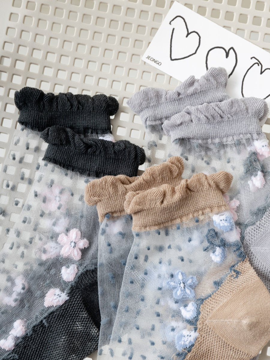 3 Pairs Women Artsy Flower Jacquard Lace Socks