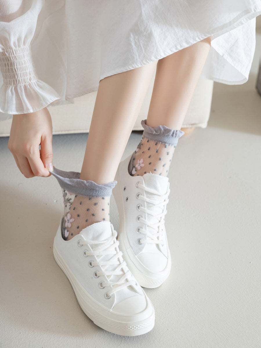 3 Pairs Women Artsy Flower Jacquard Lace Socks
