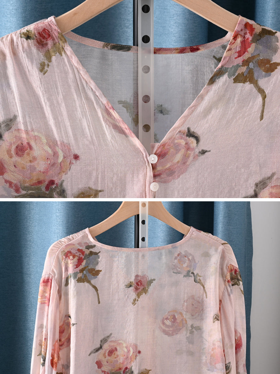 Plus Size Women Summer Artsy Flower V-Neck Shirt