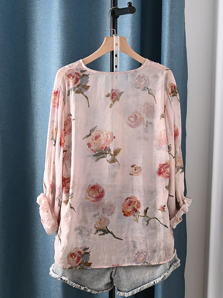 Plus Size Women Summer Artsy Flower V-Neck Shirt