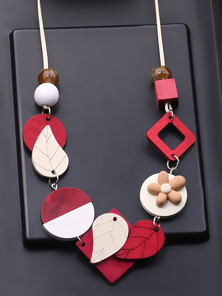 Women Fashion Geometric Wooden Weave Necklace