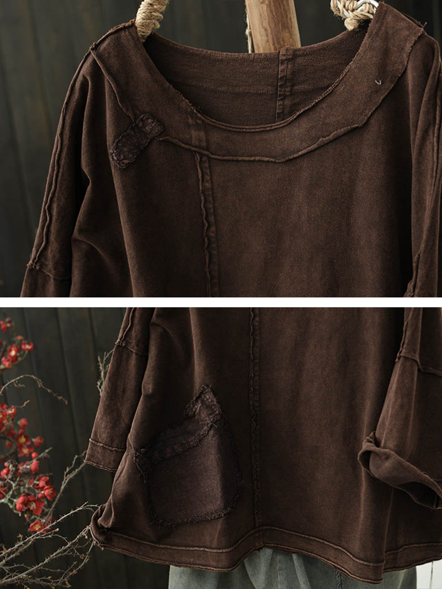 Plus Size Women Autumn Retro Pure Color Cotton Spliced O-Neck Blouse