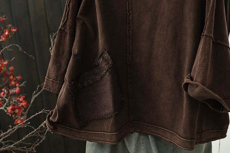 Plus Size Women Autumn Retro Pure Color Cotton Spliced O-Neck Blouse