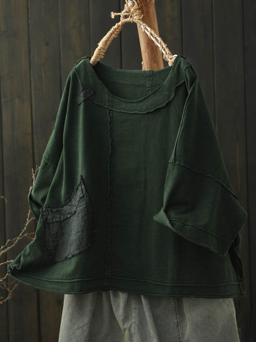 Plus Size Women Autumn Retro Pure Color Cotton Spliced O-Neck Blouse