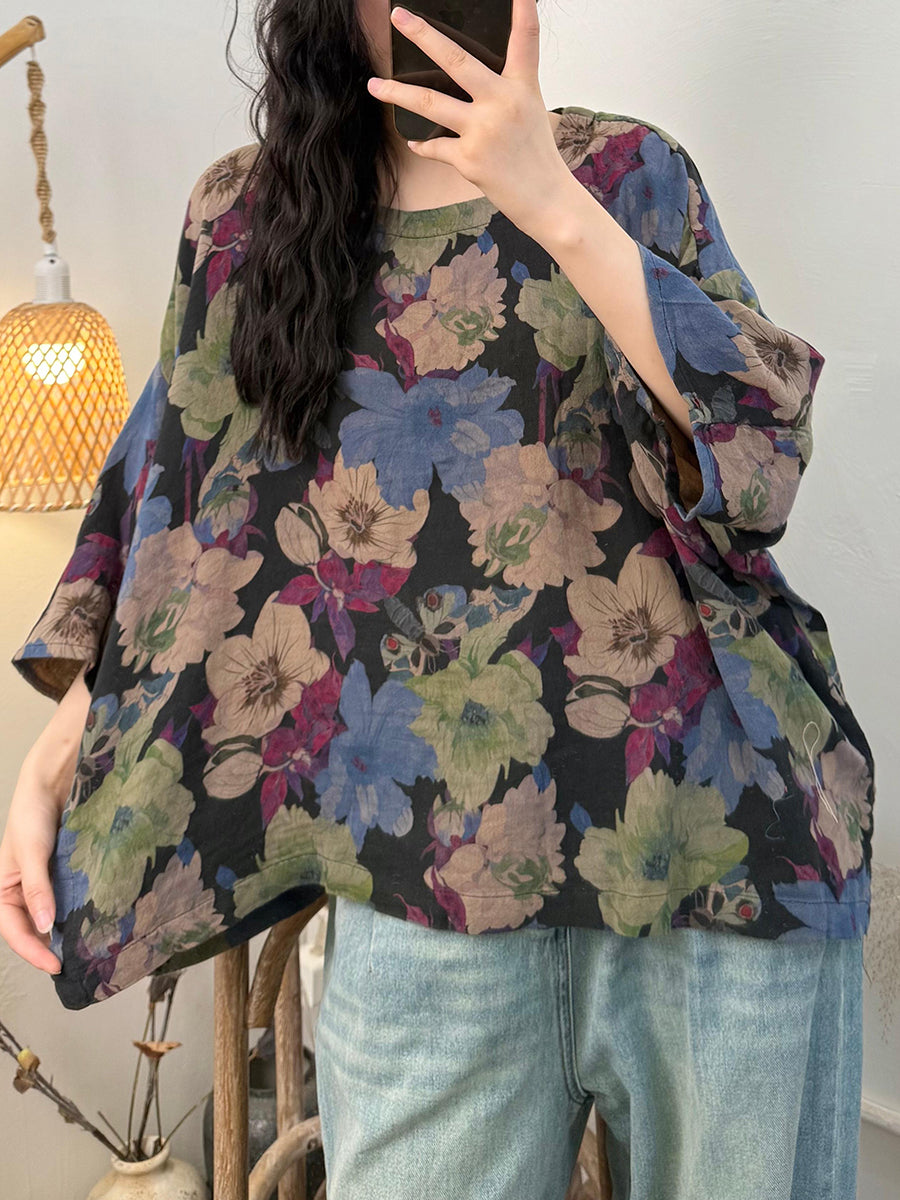 Plus Size Women Summer Casual Flower O-Neck 100%Cotton Loose Blouse