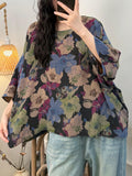 Plus Size Women Summer Casual Flower O-Neck 100%Cotton Loose Blouse