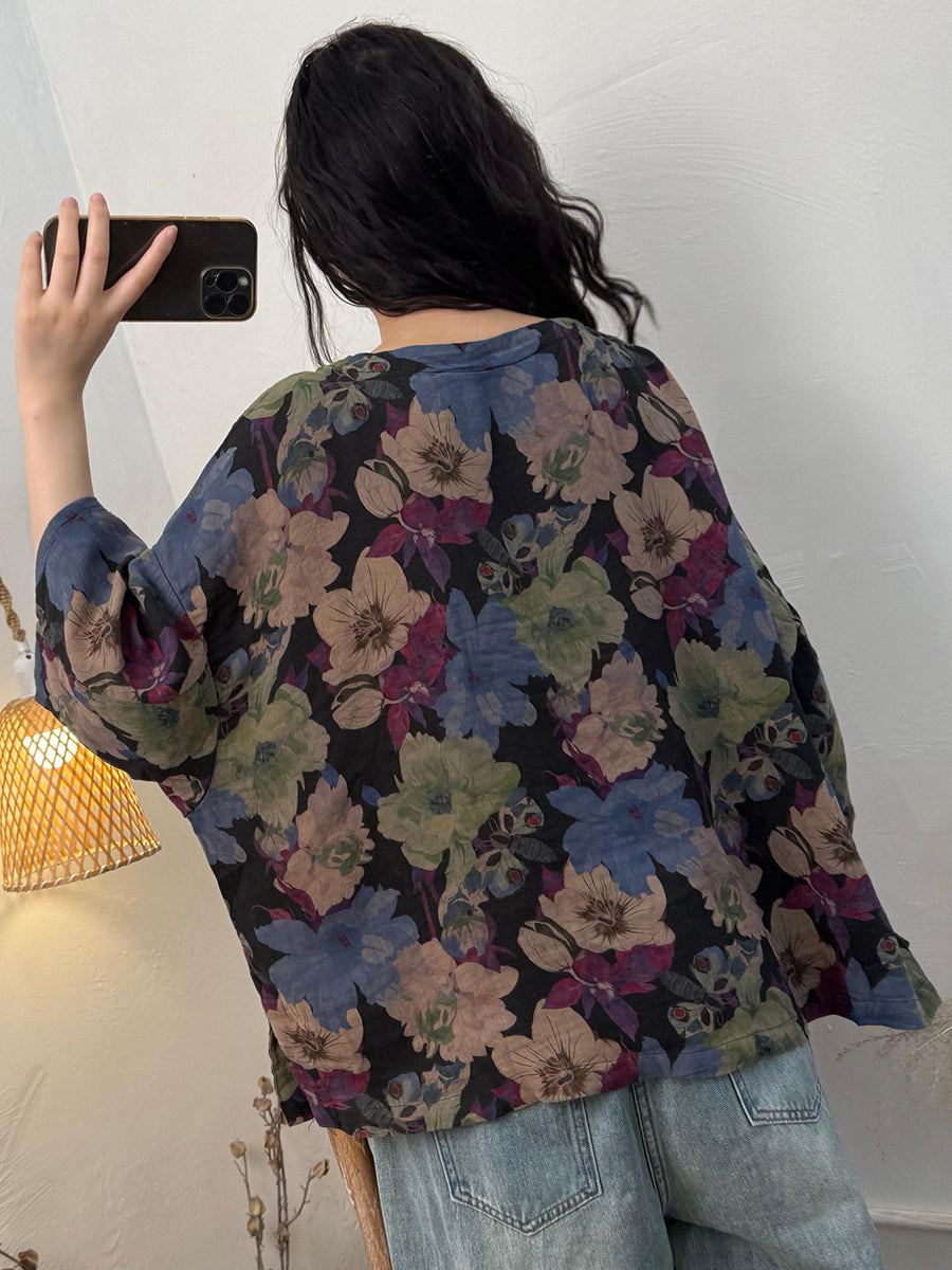 Plus Size Women Summer Casual Flower O-Neck 100%Cotton Loose Blouse