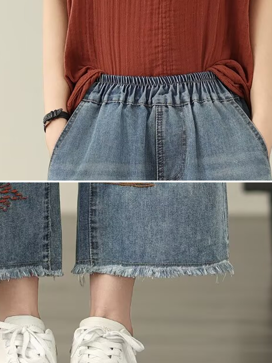 Women Casual Summer Flower Embroidery Denim Straight Jeans