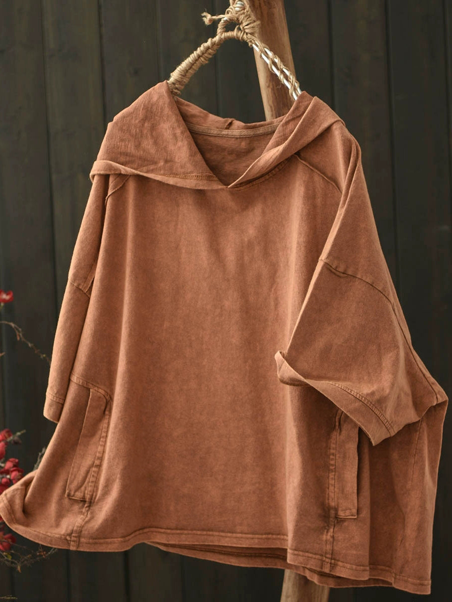 Women Summer Retro Pure Color Hooded Cotton Shirt