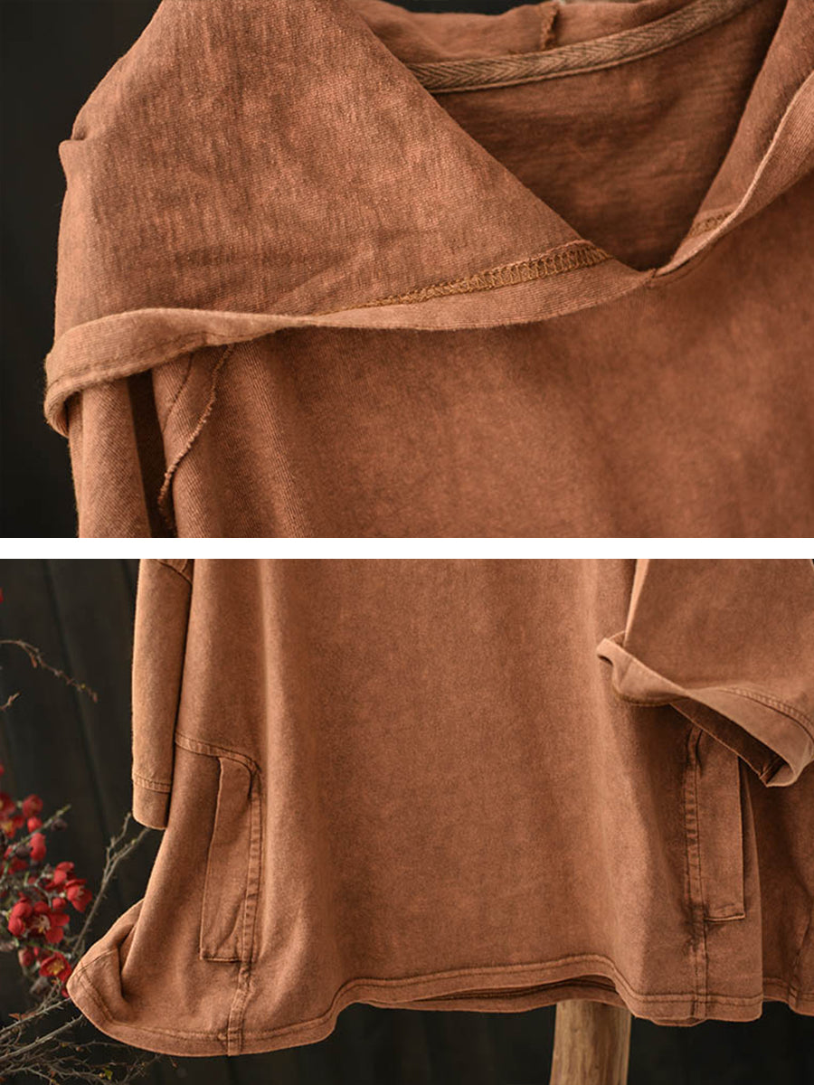 Women Summer Retro Pure Color Hooded Cotton Shirt
