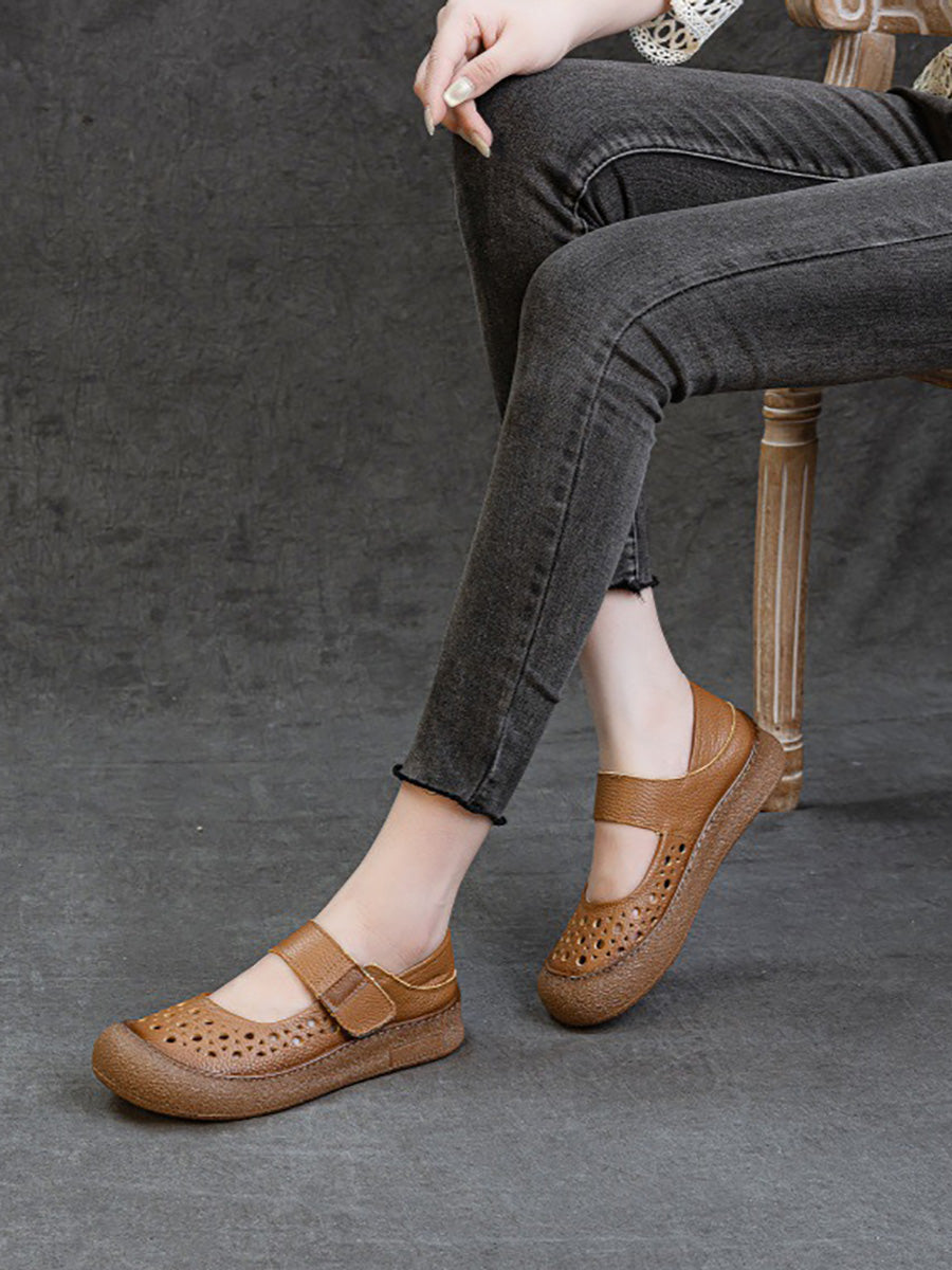 Women Vintage Summer Leather Hollow Out Flat Shoes