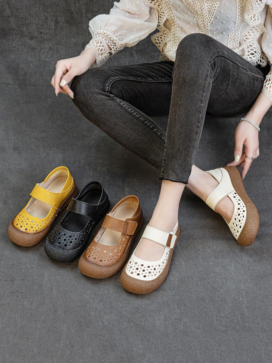 Women Vintage Summer Leather Hollow Out Flat Shoes