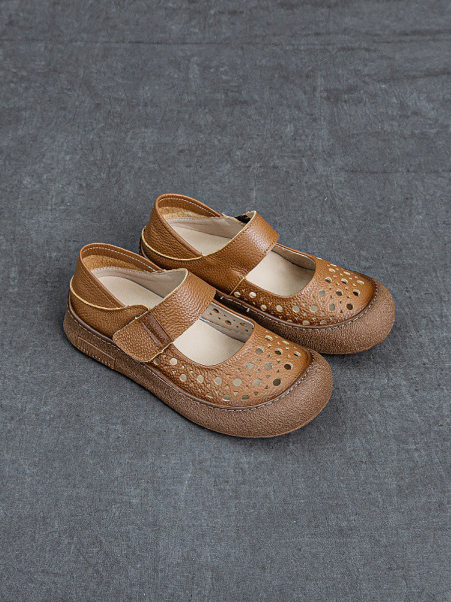 Women Vintage Summer Leather Hollow Out Flat Shoes