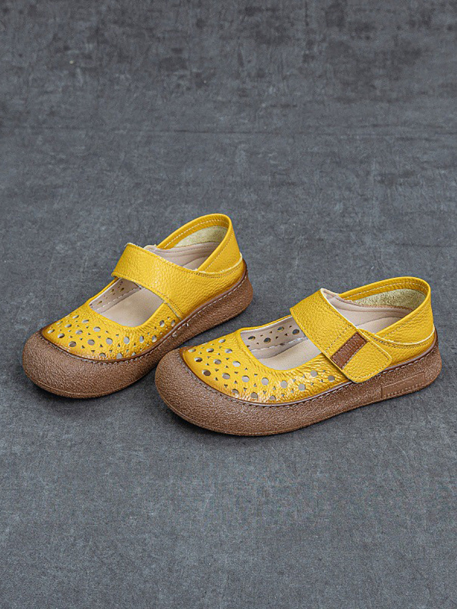 Women Vintage Summer Leather Hollow Out Flat Shoes