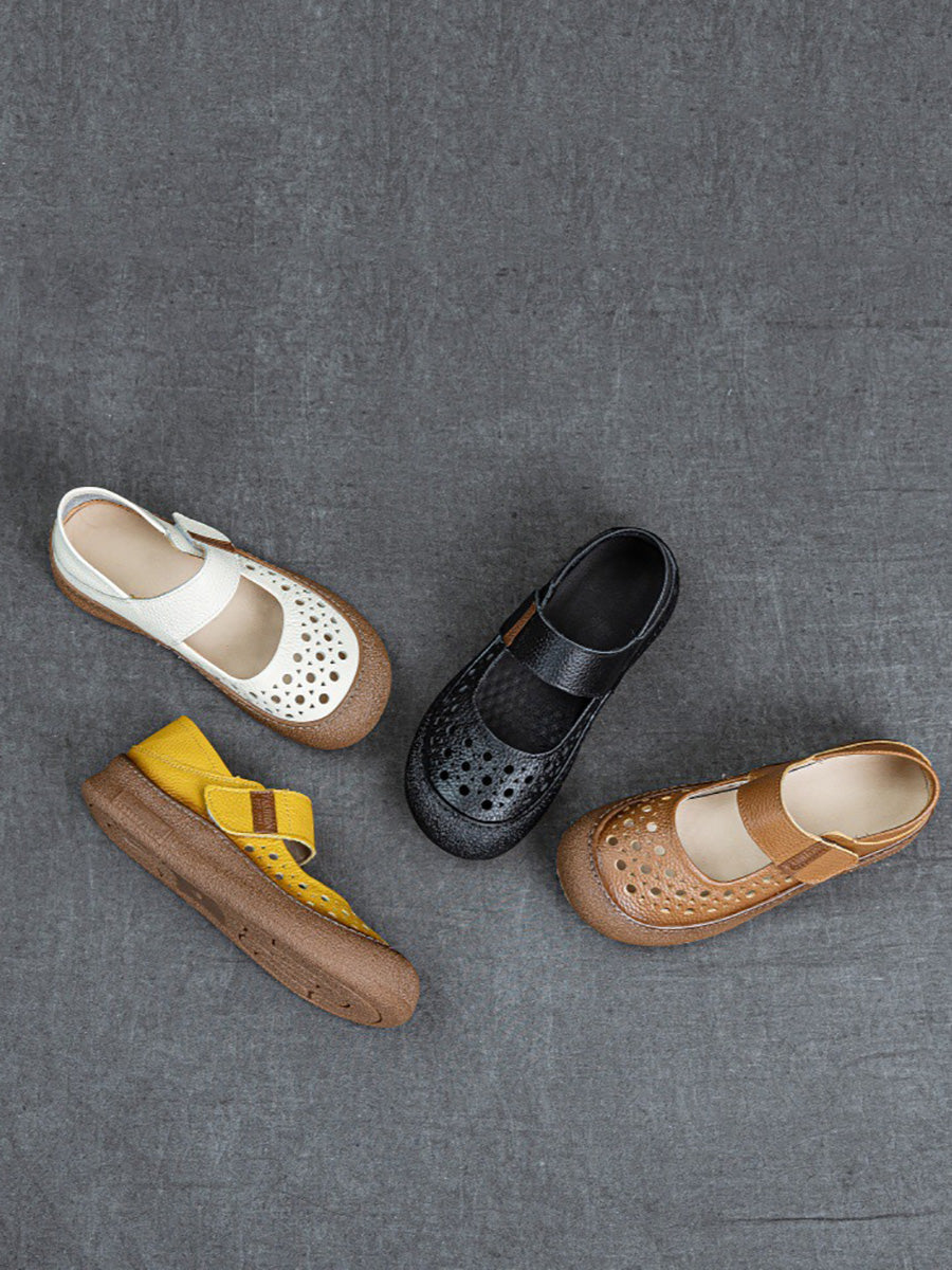 Women Vintage Summer Leather Hollow Out Flat Shoes