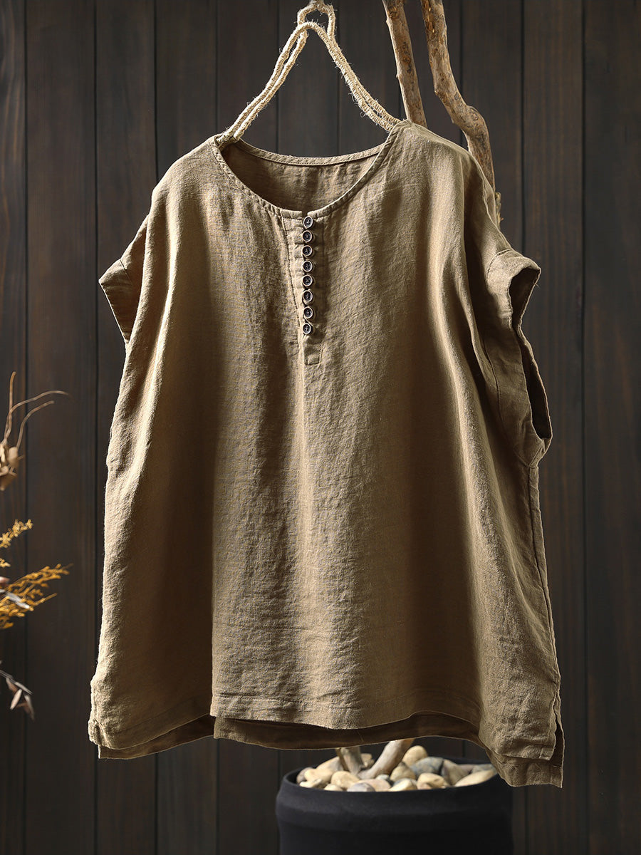 Plus Size Women Summer Casual Pure Color O-Neck 100%Linen Shirt