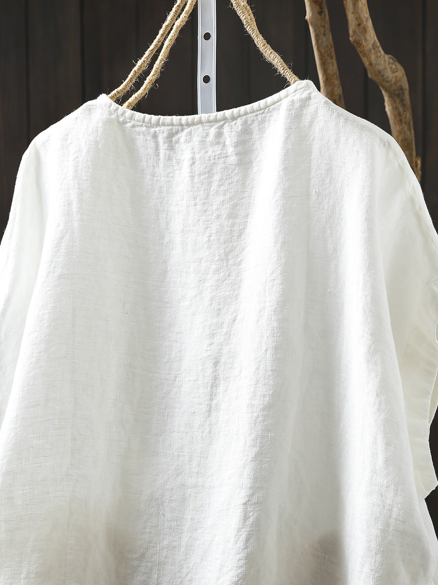 Plus Size Women Summer Casual Pure Color O-Neck 100%Linen Shirt