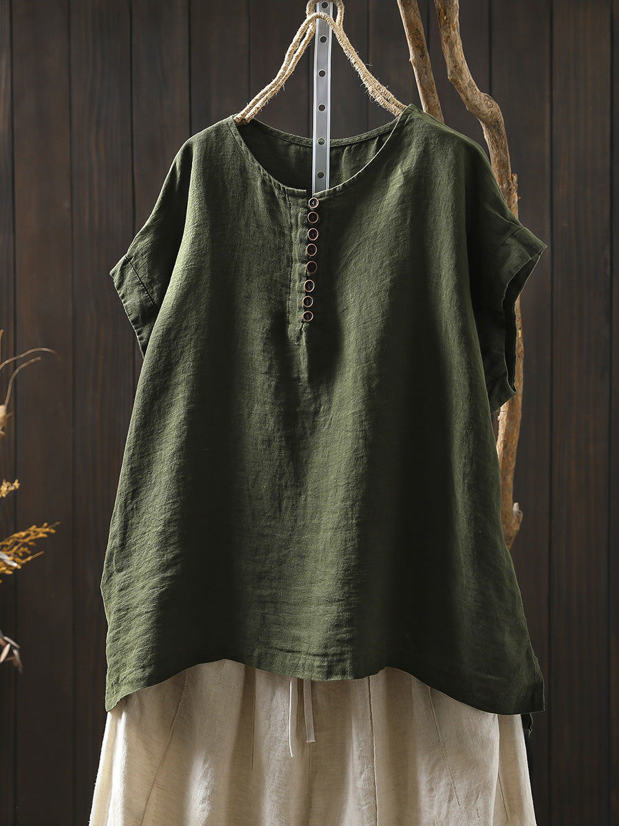 Plus Size Women Summer Casual Pure Color O-Neck 100%Linen Shirt