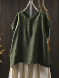Plus Size Women Summer Casual Pure Color O-Neck 100%Linen Shirt