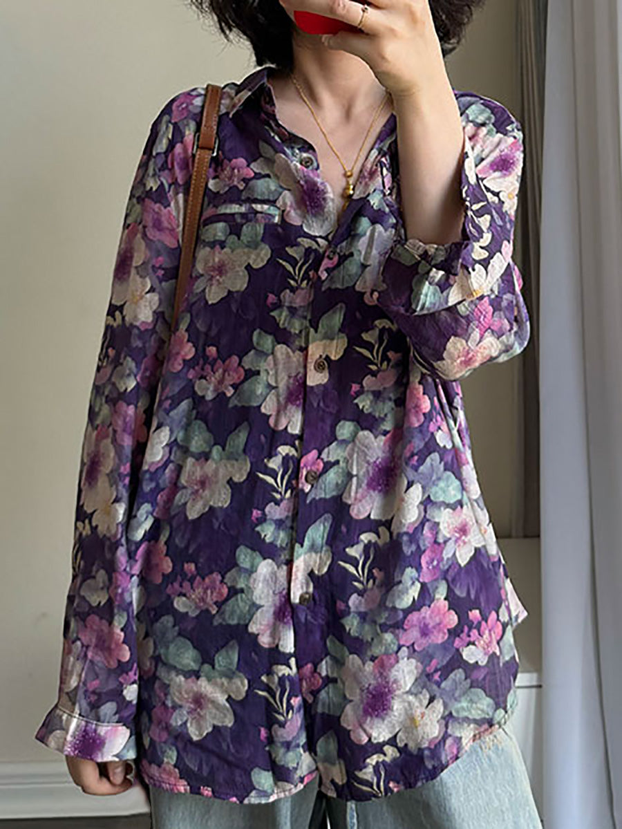 Plus Size Women Summer Artsy Flower Turn-down Collar Long Sleeve Shirt