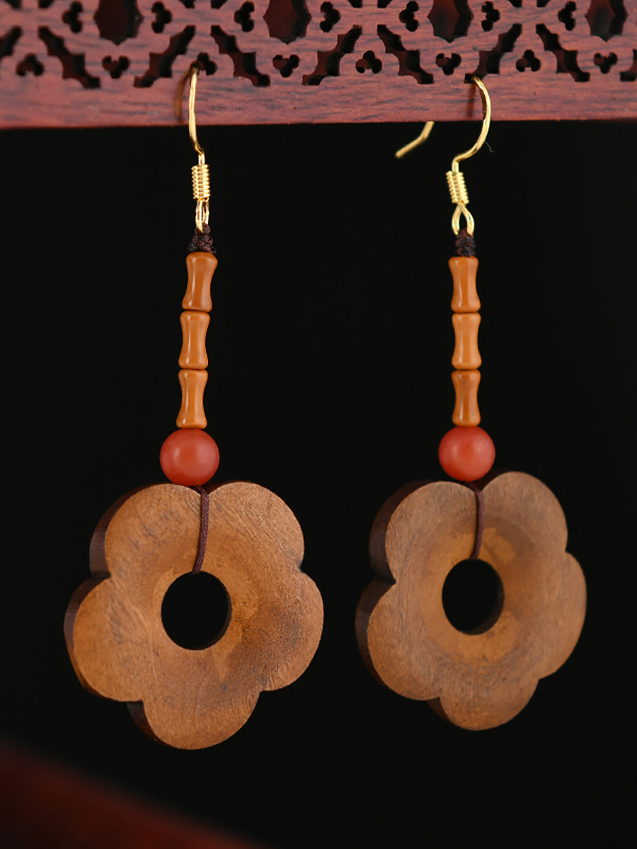 Women Vintage Wood Flower Earrings
