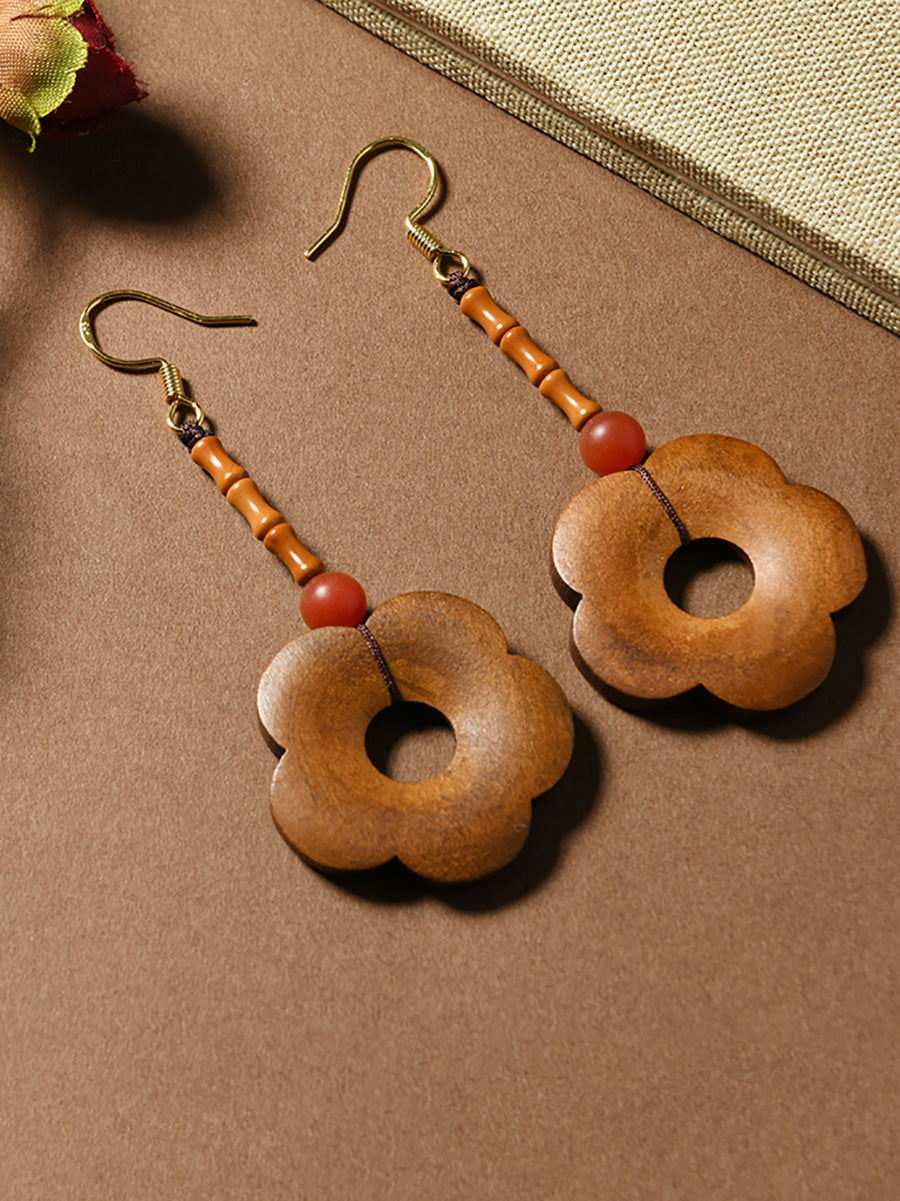 Women Vintage Wood Flower Earrings
